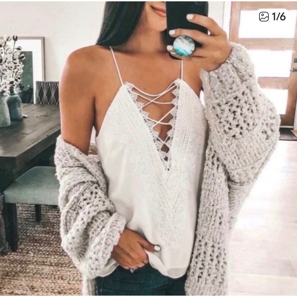 Vici Lace Up Cami Tank Top Large White, Coastal Chic Boho Coachela Romantic